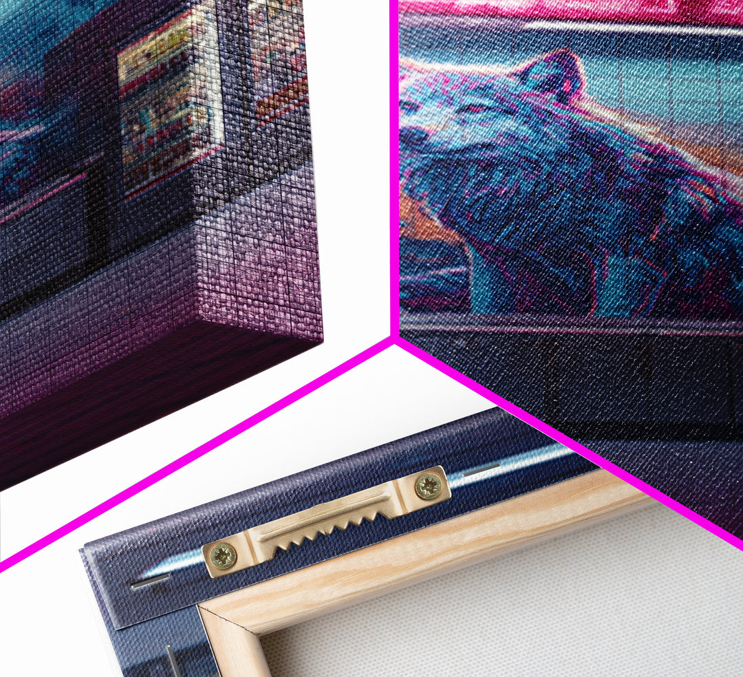 Urban Neon Cityscape With Wolf Mural Vibrant Street Art Wall Art Contemporary Wall Decor Canvas Print For Modern Living Room