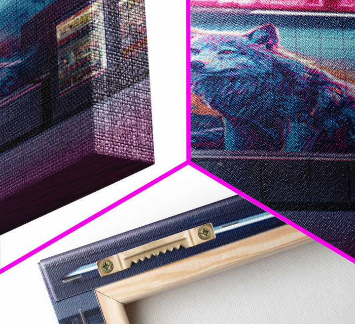 Urban Neon Cityscape With Wolf Mural Vibrant Street Art Wall Art Contemporary Wall Decor Canvas Print For Modern Living Room