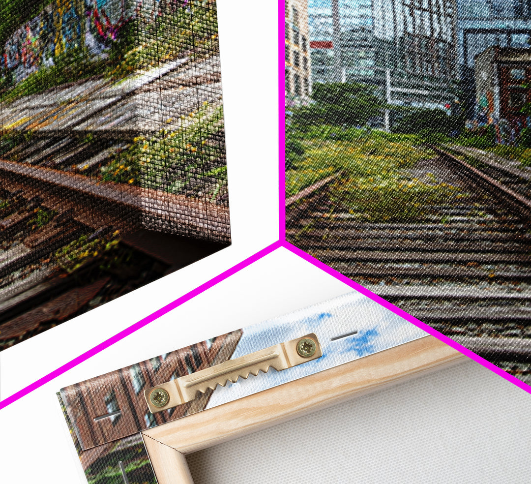 Urban Overgrown Railway Track Between Graffiti Walls In City - Contemporary Wall Art Canvas Print For Modern Decor