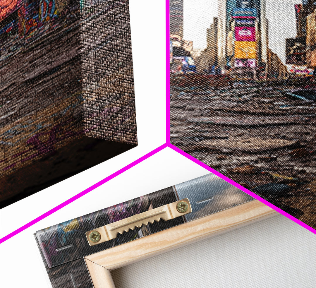 Post Apocalyptic Times Square Urban Ruins Photography Wall Art Print With Graffiti And Debris For Modern Home And Office Decor