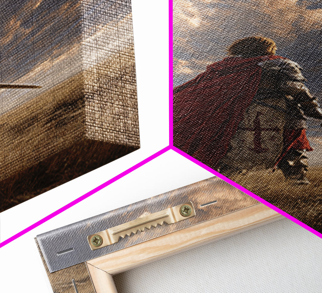 Majestic Knight Kneeling With Sword On Ground Under Dramatic Skies - Captivating Framed Canvas Print For Home