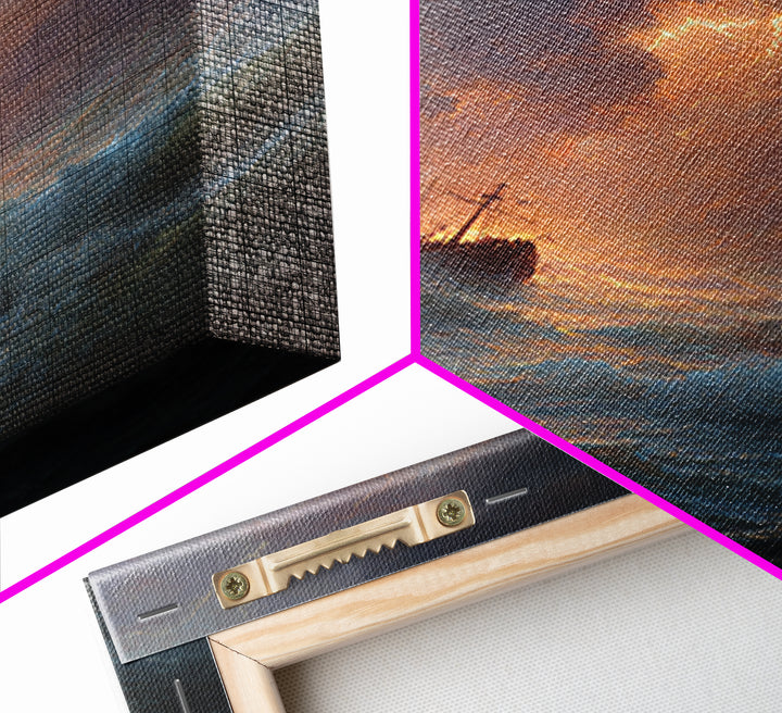 Ship In Stormy Sea With Lightning Strikes Dramatic Ocean Scene Oil Painting Wall Art Canvas Print