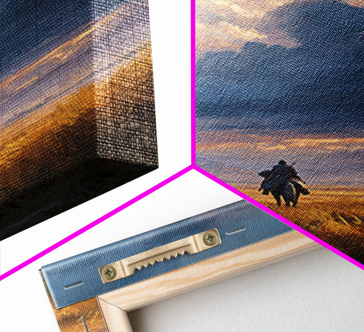 Lonely Rider In Vast Field With Dramatic Sky Landscape Painting Wall Art Framed Canvas Print