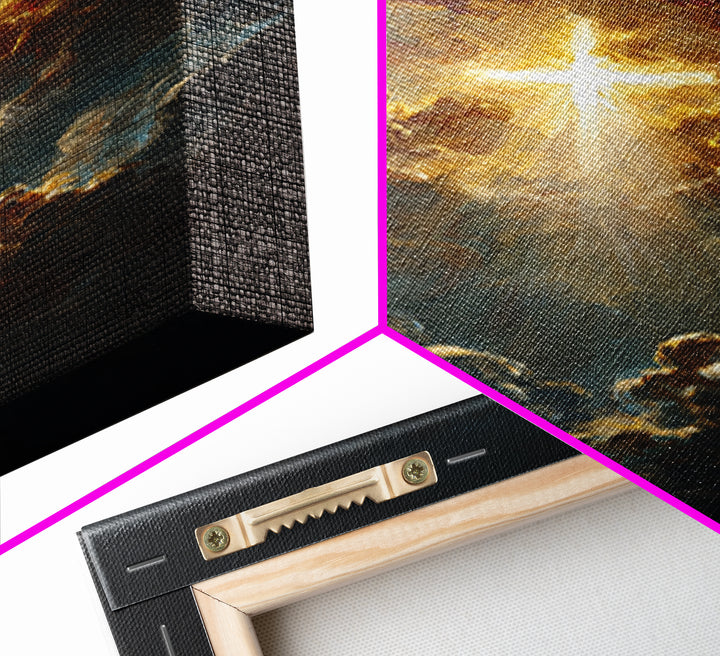 Radiant Golden Cross Amid Dark Clouds Inspirational Christian Wall Art Canvas Print For Home Decor