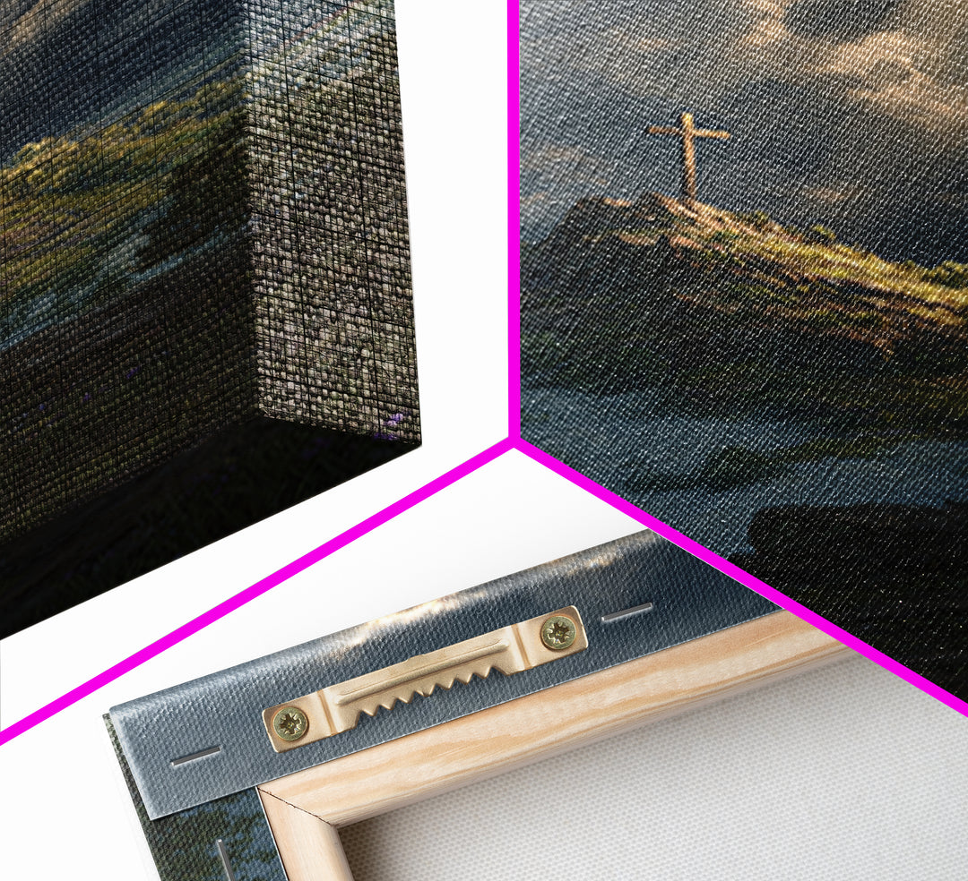 Cross On Mountain Dramatic Sky Contemporary Landscape Oil Painting Wall Art Framed Canvas Print Nature Inspired Home Decor