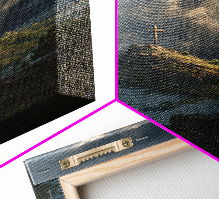Cross On Mountain Dramatic Sky Contemporary Landscape Oil Painting Wall Art Framed Canvas Print Nature Inspired Home Decor