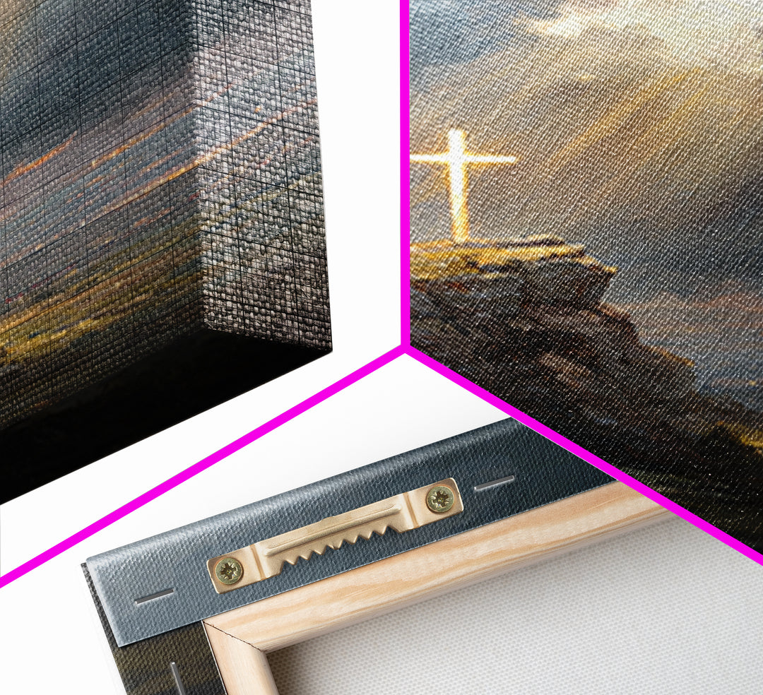 Dramatic Light Over Cliff Cross Spiritual Wall Art Framed Canvas Print For Inspirational Religious Home Decor Or Gift