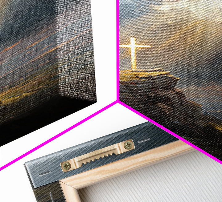 Dramatic Light Over Cliff Cross Spiritual Wall Art Framed Canvas Print For Inspirational Religious Home Decor Or Gift