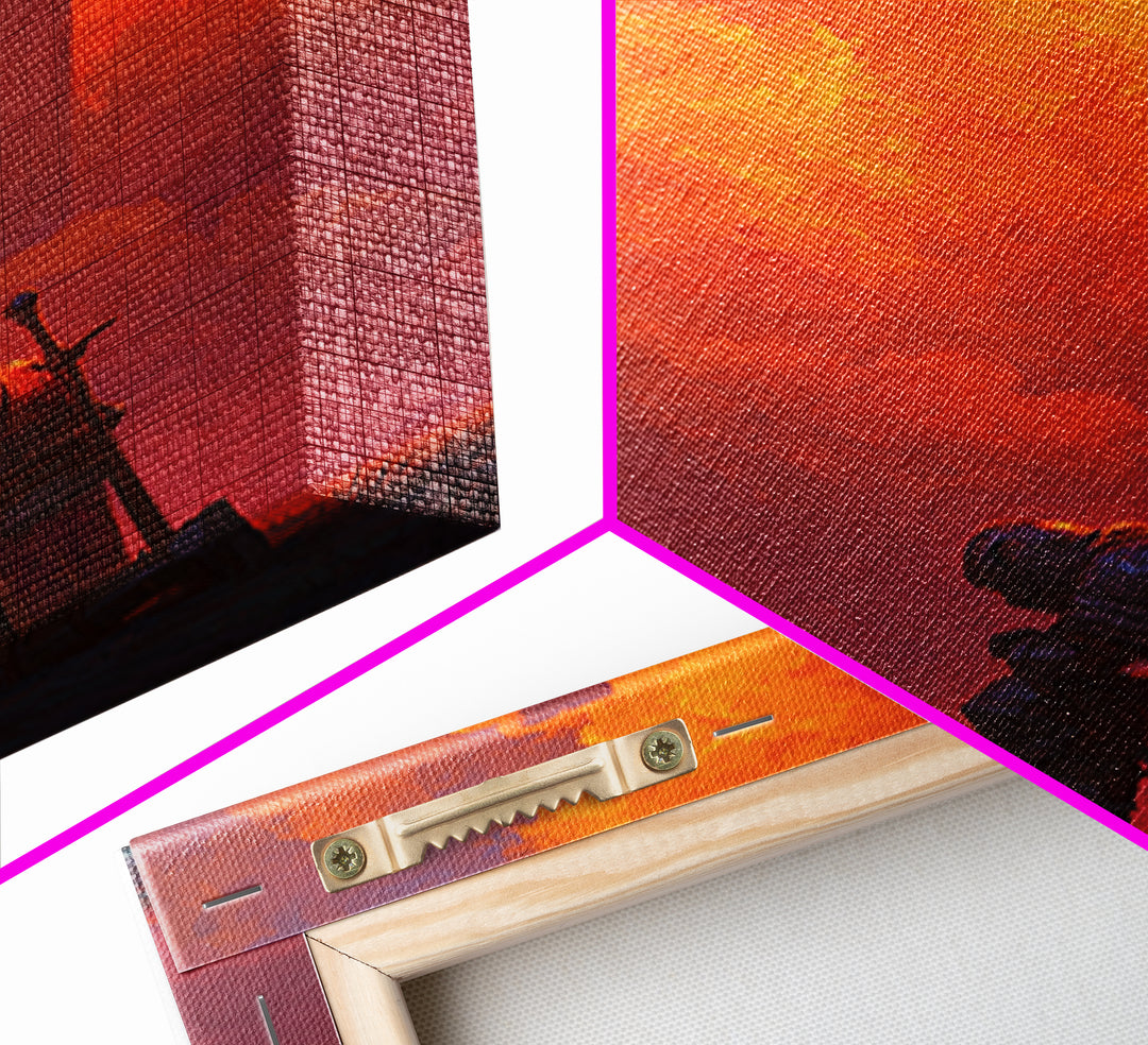 Medieval Knight Kneeling Before Cross In Fiery Sky Dramatic Fantasy Art Wall Art Canvas Print For Spiritual Decor