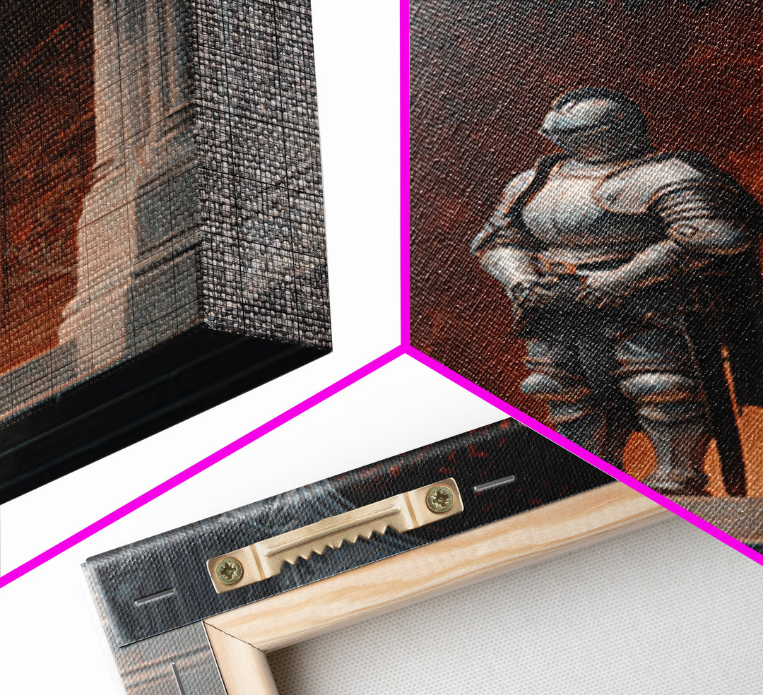 Medieval Knight Armor Standing At Gothic Cathedral Doorway Wall Art Framed Canvas Print For Home Decor Enthusiasts