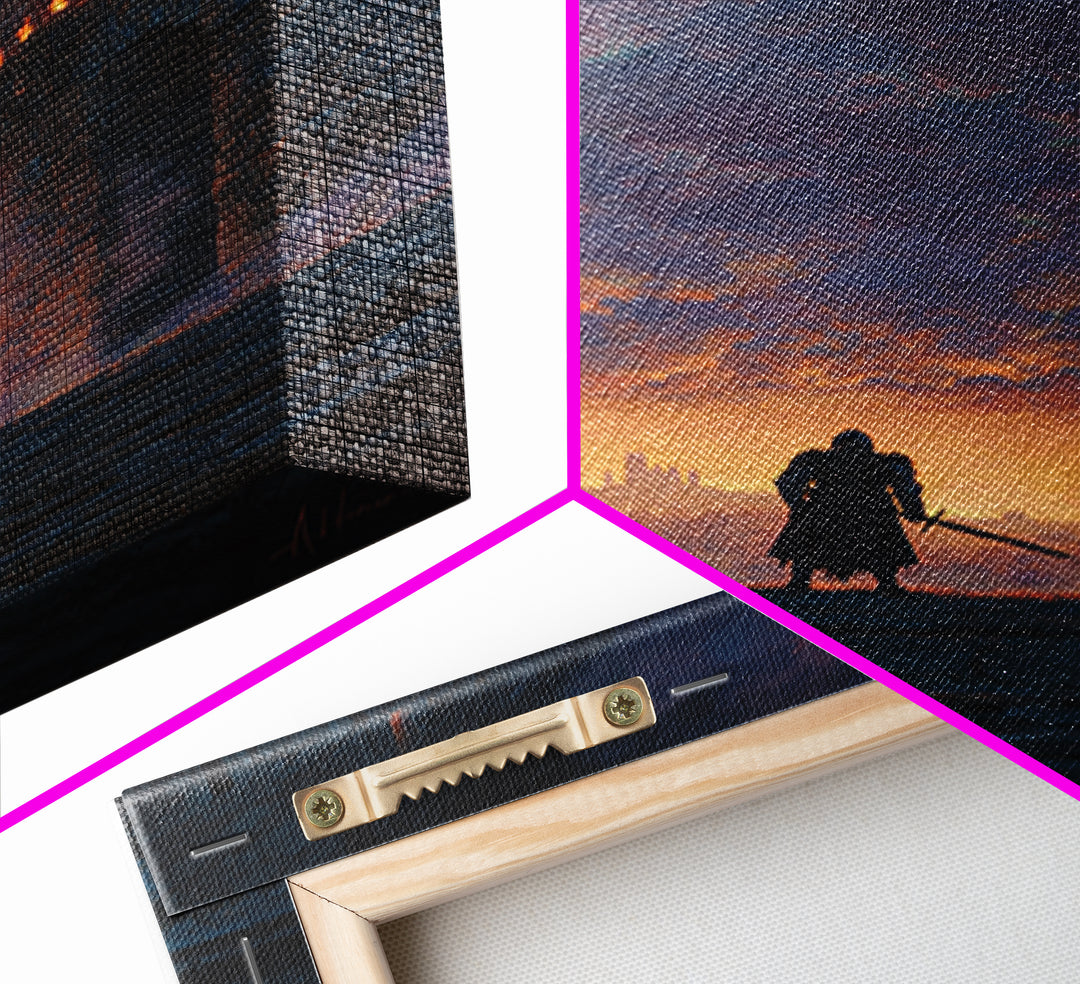 Knight Standing Between Ancient Castle Towers At Sunset With Sword Wall Art Framed Canvas Print For Home Decor