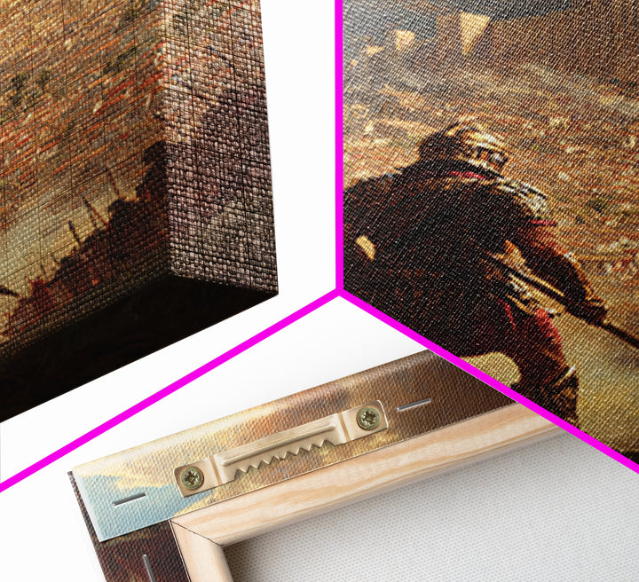 Epic Medieval Warrior Facing Grand Castle Oil Painting Canvas Print For Living Room Decor And Historical Art Lovers
