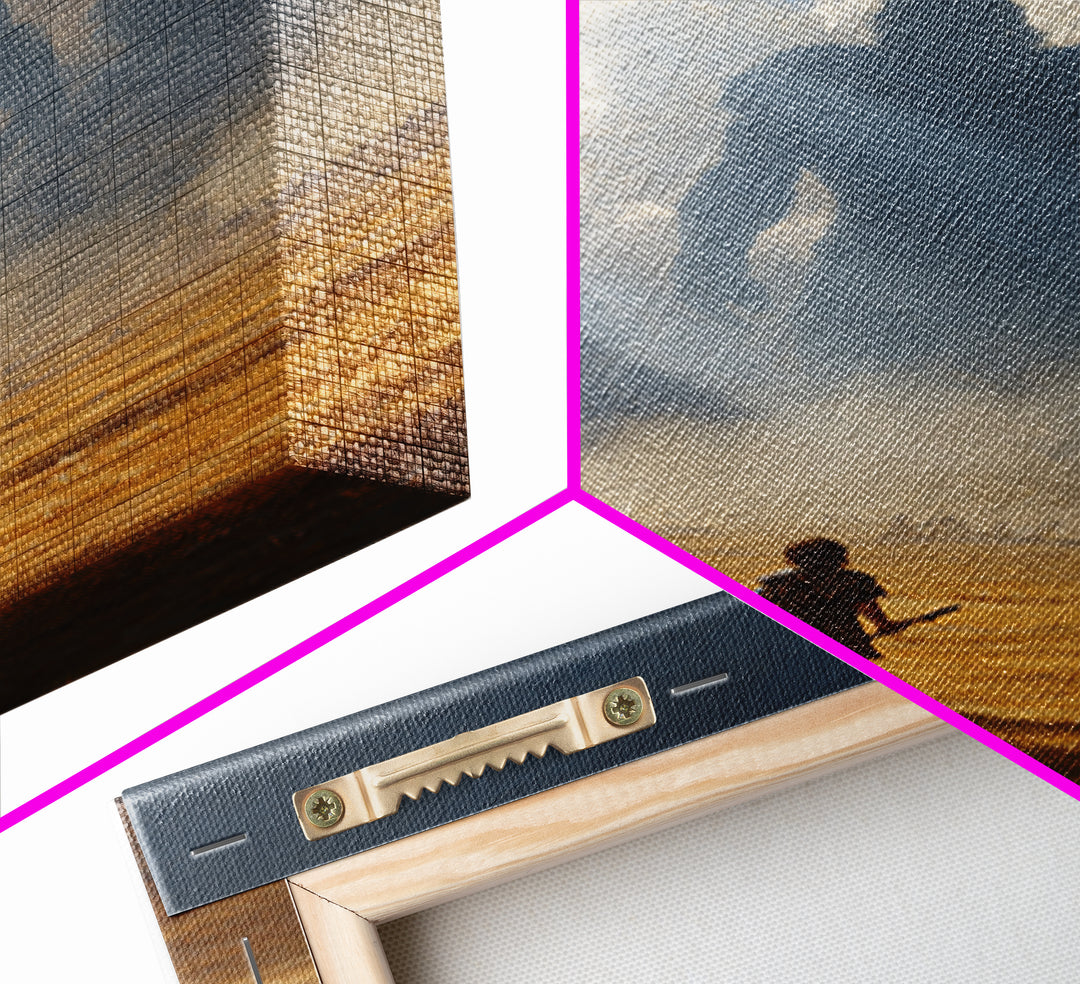 Epic Battle Scene With Warrior Facing Giant Shadow In Dramatic Landscape Wall Art Canvas Print