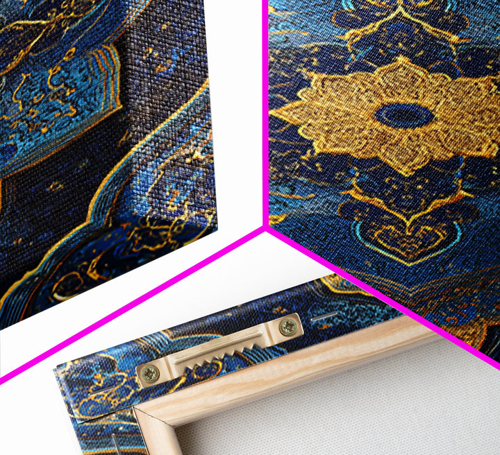 Luxurious Blue And Gold Ornate Mandala Pattern Modern Wall Decor Framed Canvas Print For Elegant Spaces