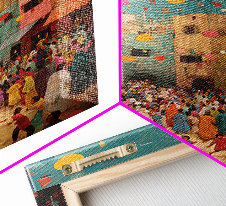 Colorful Festive Middle Eastern Street Scene With Moon And Lanterns Wall Art Framed Canvas Print
