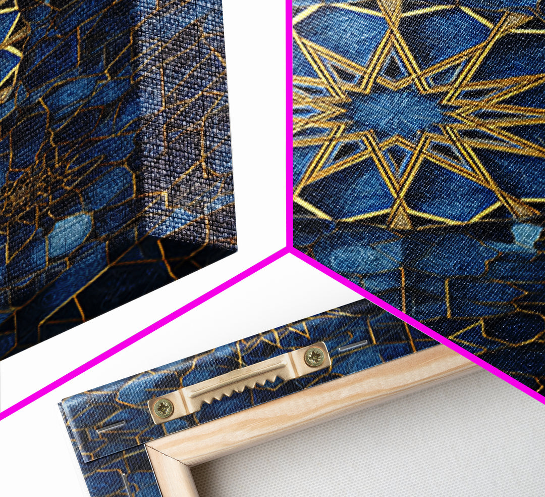 Intricate Blue And Gold Islamic Geometric Wall Art Framed Canvas Print Perfect For Modern Home Decor And Spiritual Spaces