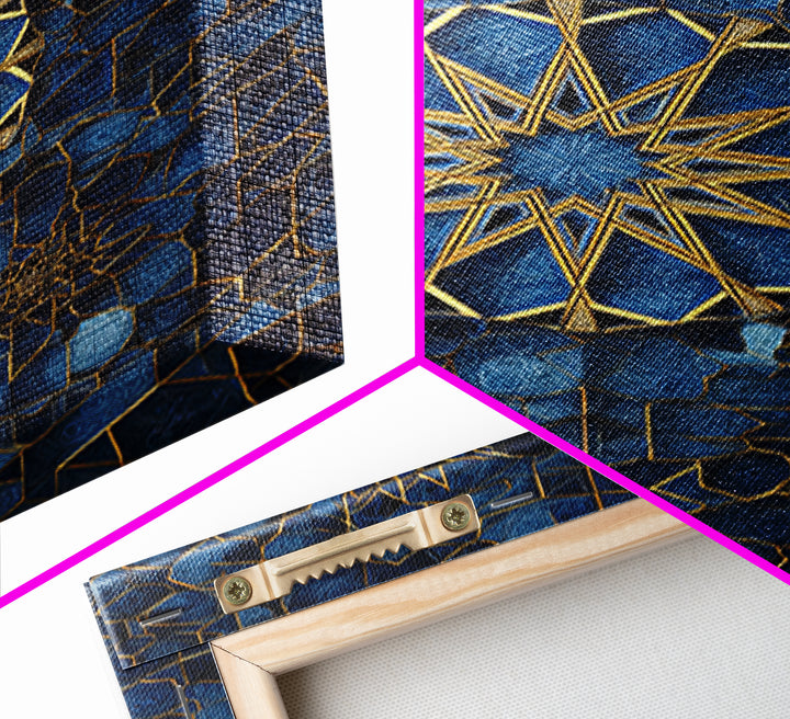 Intricate Blue And Gold Islamic Geometric Wall Art Framed Canvas Print Perfect For Modern Home Decor And Spiritual Spaces