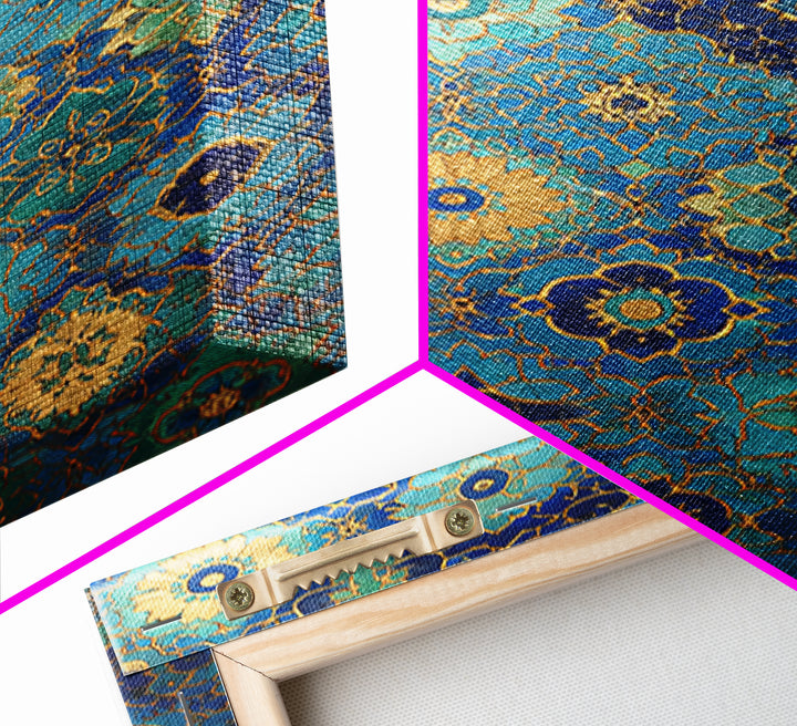 Blue And Gold Islamic Geometric Tile Art Elegant Framed Canvas Print For Traditional Home Decor Or Thoughtful Gift