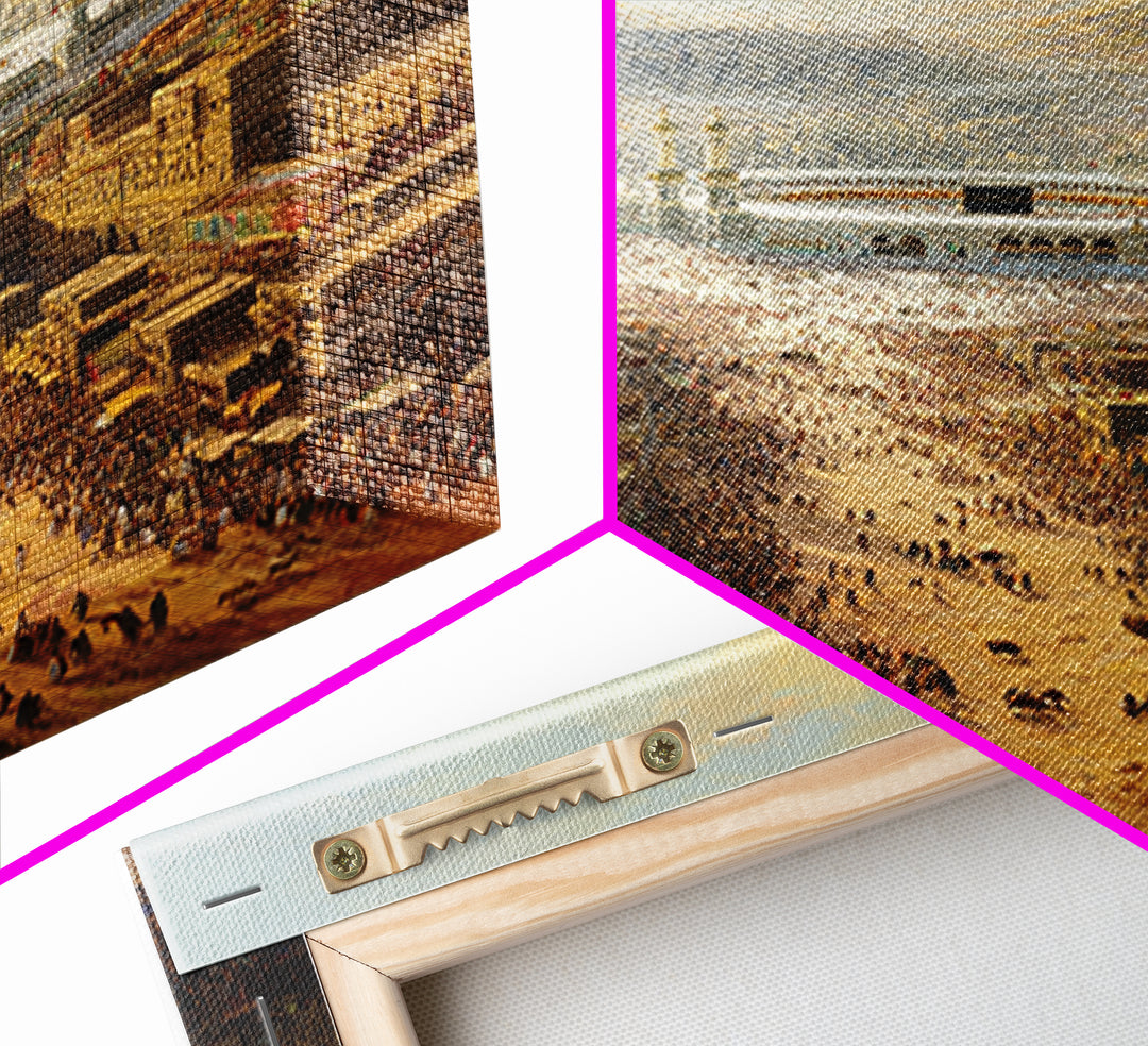 Sunrise Over Crowded Ancient Cityscape With Mountains And Kaaba - Wall Art Framed Canvas Print For Home Decor