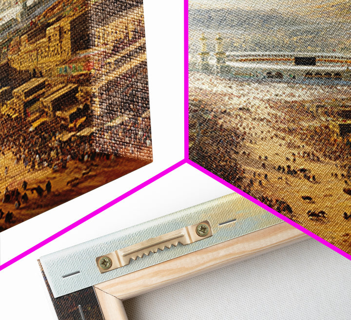 Sunrise Over Crowded Ancient Cityscape With Mountains And Kaaba - Wall Art Framed Canvas Print For Home Decor