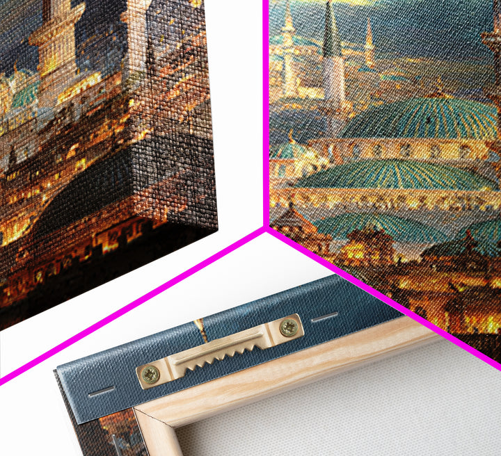 Elegant Cityscape Painting Of Historic Minarets And Domes With Glowing Lights At Dusk Wall Art Canvas Print