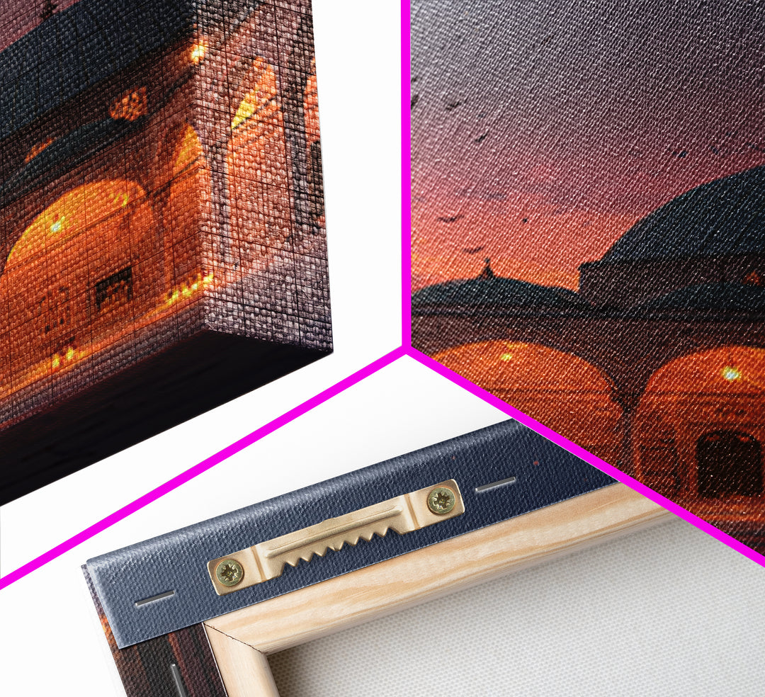 Magical Mosque Courtyard At Dusk With Lanterns And Crescent Moon Vibrant Islamic Wall Art Framed Canvas Print