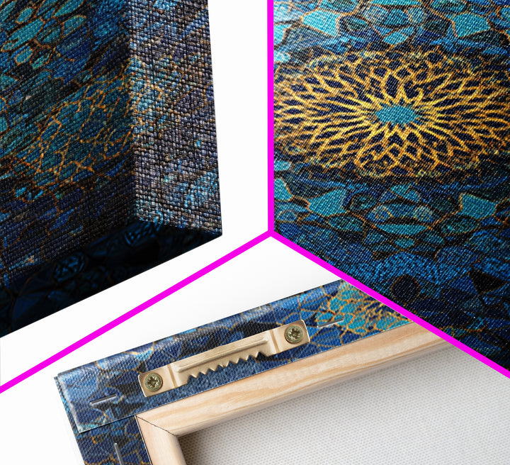 Intricate Blue And Gold Islamic Geometric Pattern Wall Art Framed Canvas Print For Modern Home Decor