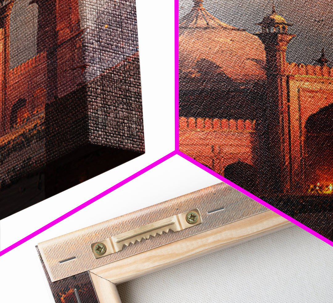 Historic Red Mosque Sunset Scene With Crowds And Birds Captured In Beautiful Oil Painting Wall Art