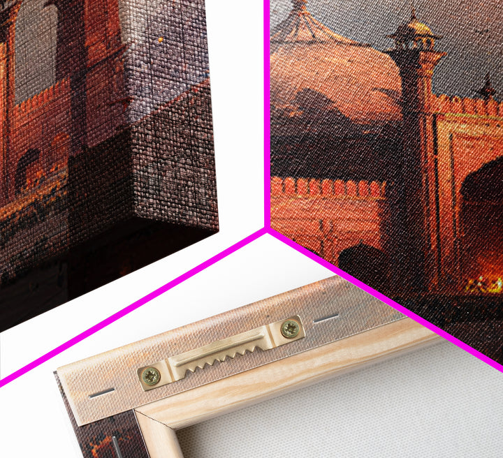 Historic Red Mosque Sunset Scene With Crowds And Birds Captured In Beautiful Oil Painting Wall Art