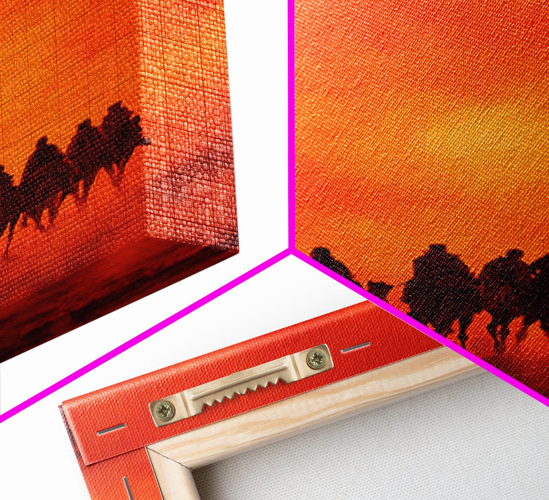 Silhouettes Of Travelers On Camels Against Vibrant Orange Sunset Desert Landscape Wall Art Canvas Print