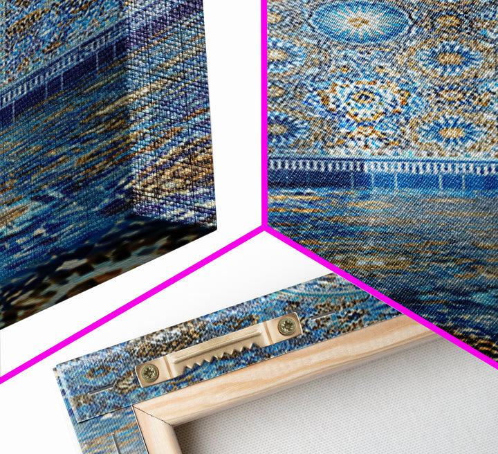 Intricate Islamic Tile Pattern Blue And Gold Wall Art Framed Canvas Print Featuring Elegant Cultural Home Decor Or Gift