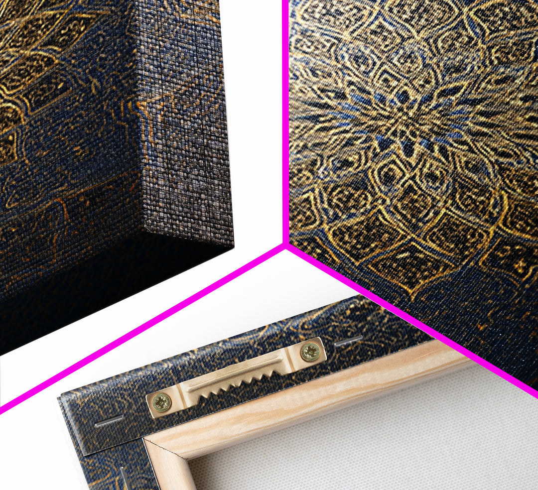 Intricate Blue And Gold Islamic Mandala Wall Art With Ornate Patterns Framed Canvas Print For Elegant Modern Home Decor