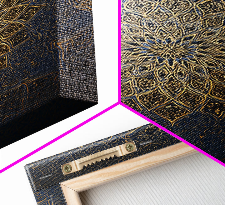 Intricate Blue And Gold Islamic Mandala Wall Art With Ornate Patterns Framed Canvas Print For Elegant Modern Home Decor