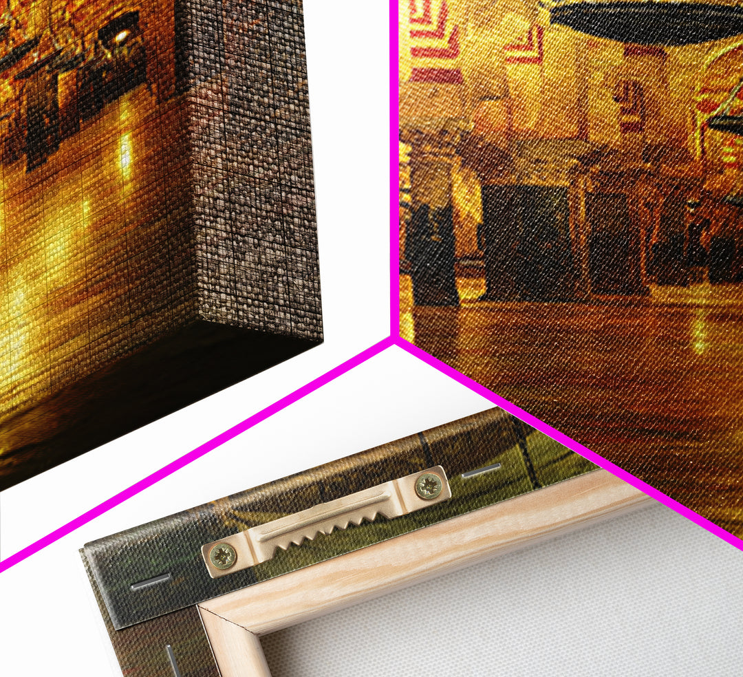 Golden Mosque Interior Glowing Warm Light Framed Canvas Islamic Wall Art Traditional Architecture Home Decor