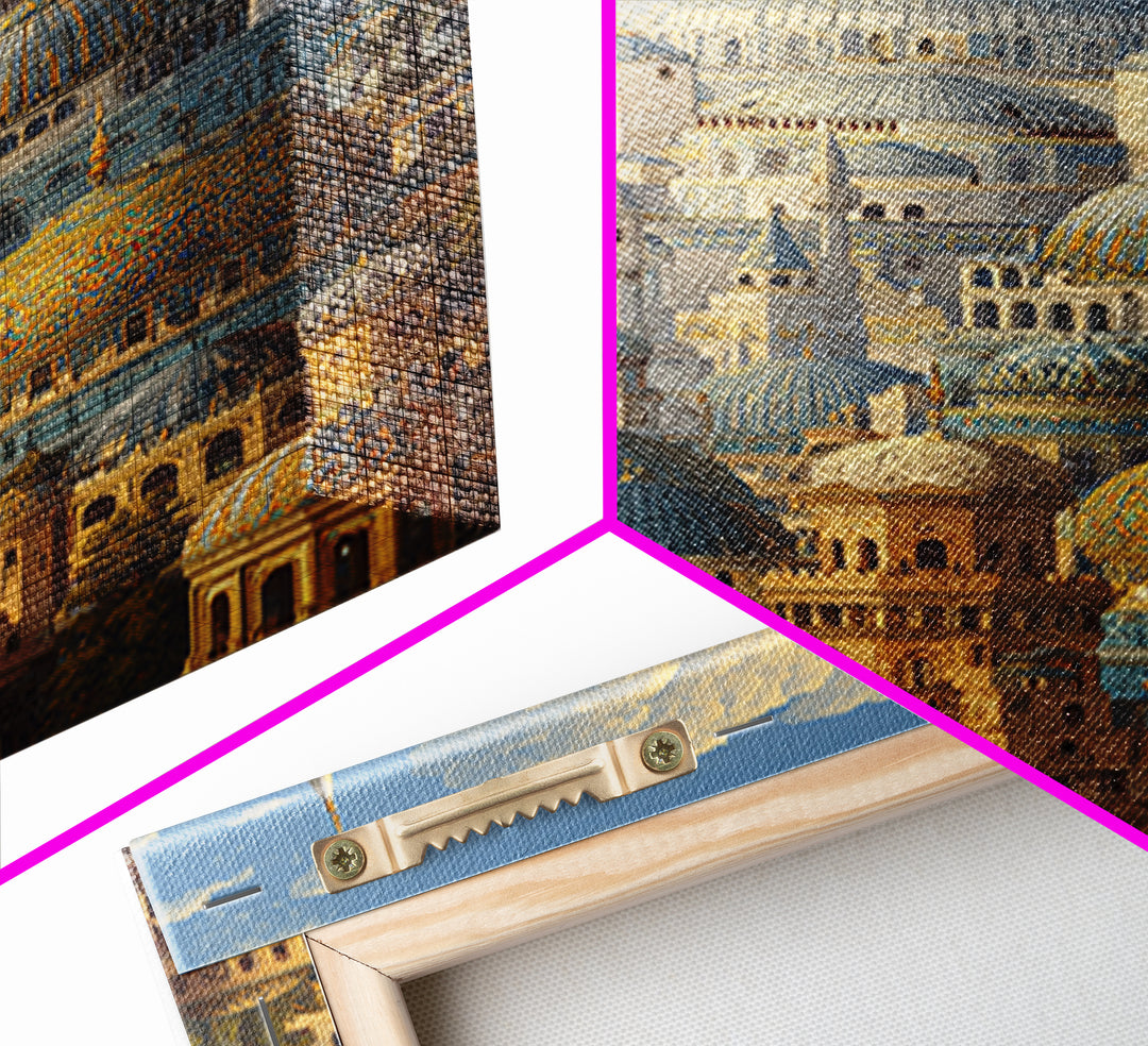 Detailed Ottoman Mosque Architecture With Puffy Clouds Original Landscape Oil Painting Wall Art For Home Or Office Decor