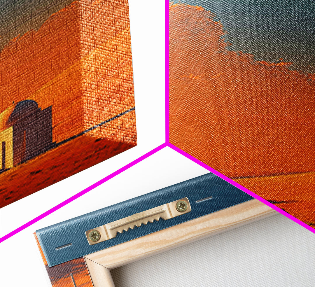 Desert Landscape With Monochrome Architecture And Vibrant Orange Sky Wall Art Framed Canvas Print For Home