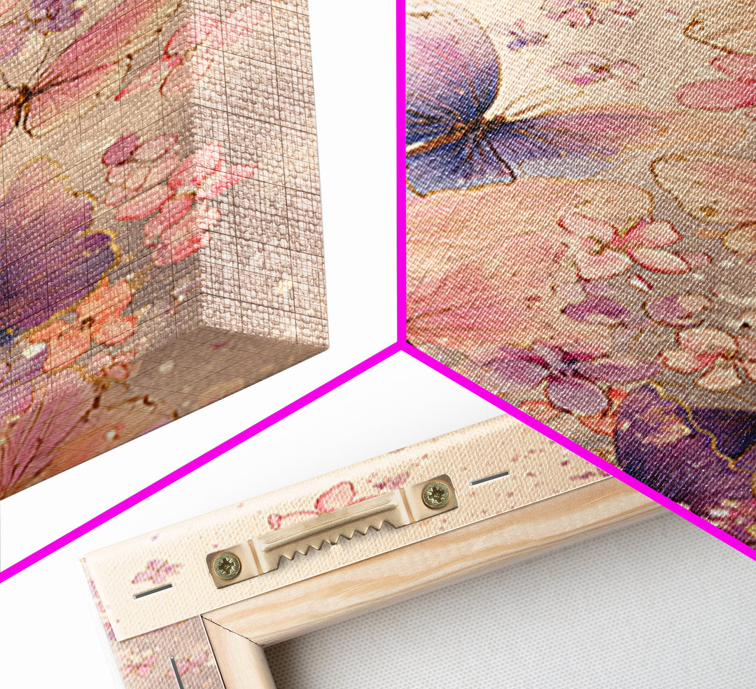Pink And Purple Butterflies With Tiny Blossoms Framed Canvas Print, Feminine Wall Art, Butterfly Art Print, Nursery Decor