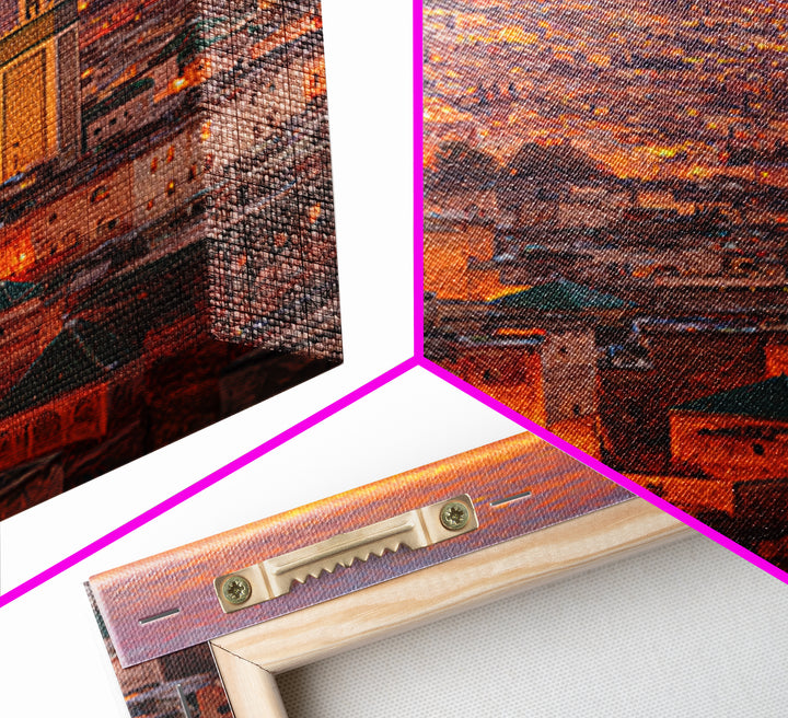 Sunlit Moroccan Cityscape At Dawn With Vibrant Orange Hues And Traditional Green Tiled Roofs Wall Art