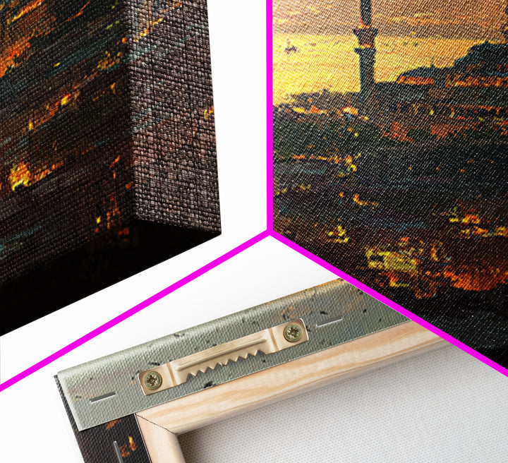 Sunset Cityscape With Mosque And Glowing Skyline Vibrant Fine Art Canvas Print For Urban Wall Decor