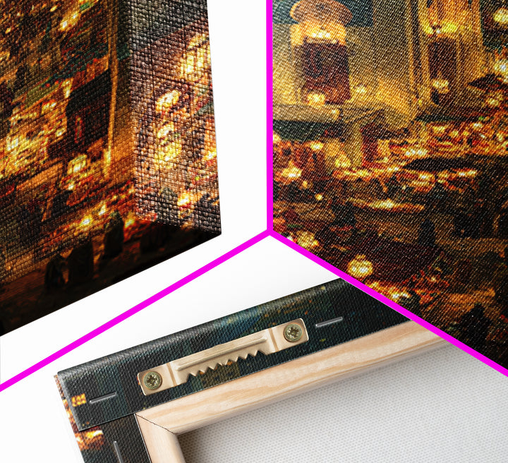 Bustling Middle Eastern Market At Night Glowing Lanterns Exotic Bazaar Wall Art Framed Canvas Print For Decor
