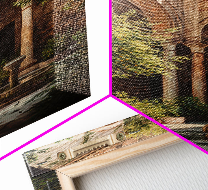 Sunlit Mediterranean Courtyard Garden Wall Art Framed Canvas Print For Rustic Home Decor