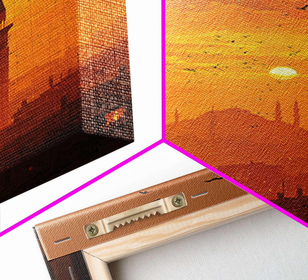 Golden Hour Sunset Over Cityscape With Birds Flying Wall Art Canvas Print For Warm Home Decor And Relaxing Living Room