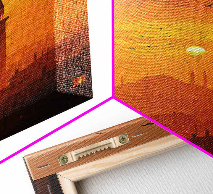 Golden Hour Sunset Over Cityscape With Birds Flying Wall Art Canvas Print For Warm Home Decor And Relaxing Living Room