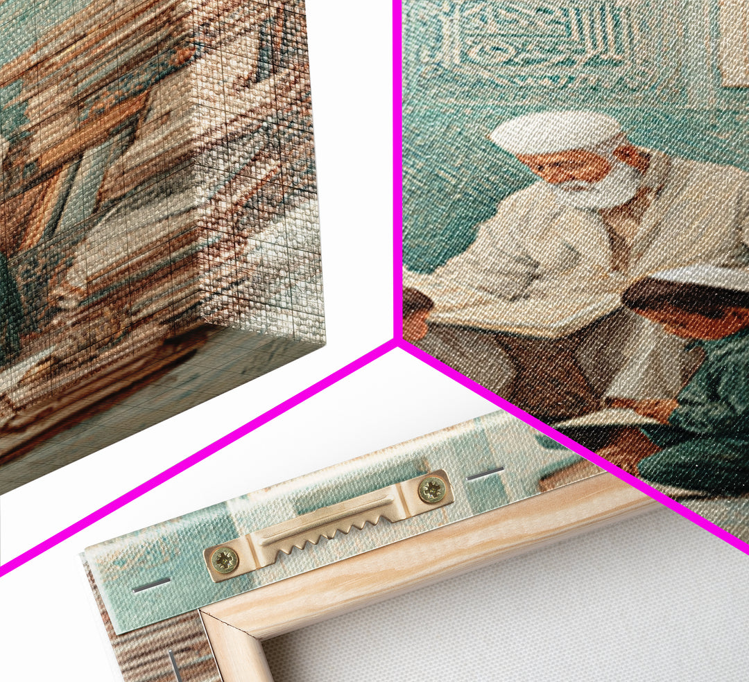 Traditional Islamic Learning Scene With Elderly Teacher And Students Wall Art Framed Canvas Print For Home Decor