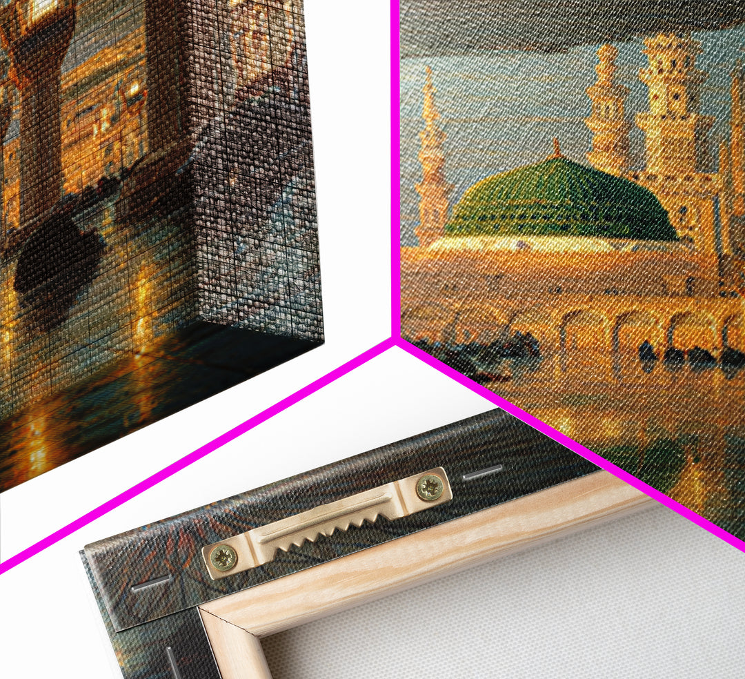 Historic Mosque Interior Painting With Ornate Architecture And Worshippers Canvas Print Wall Art For Spiritual Home Decor