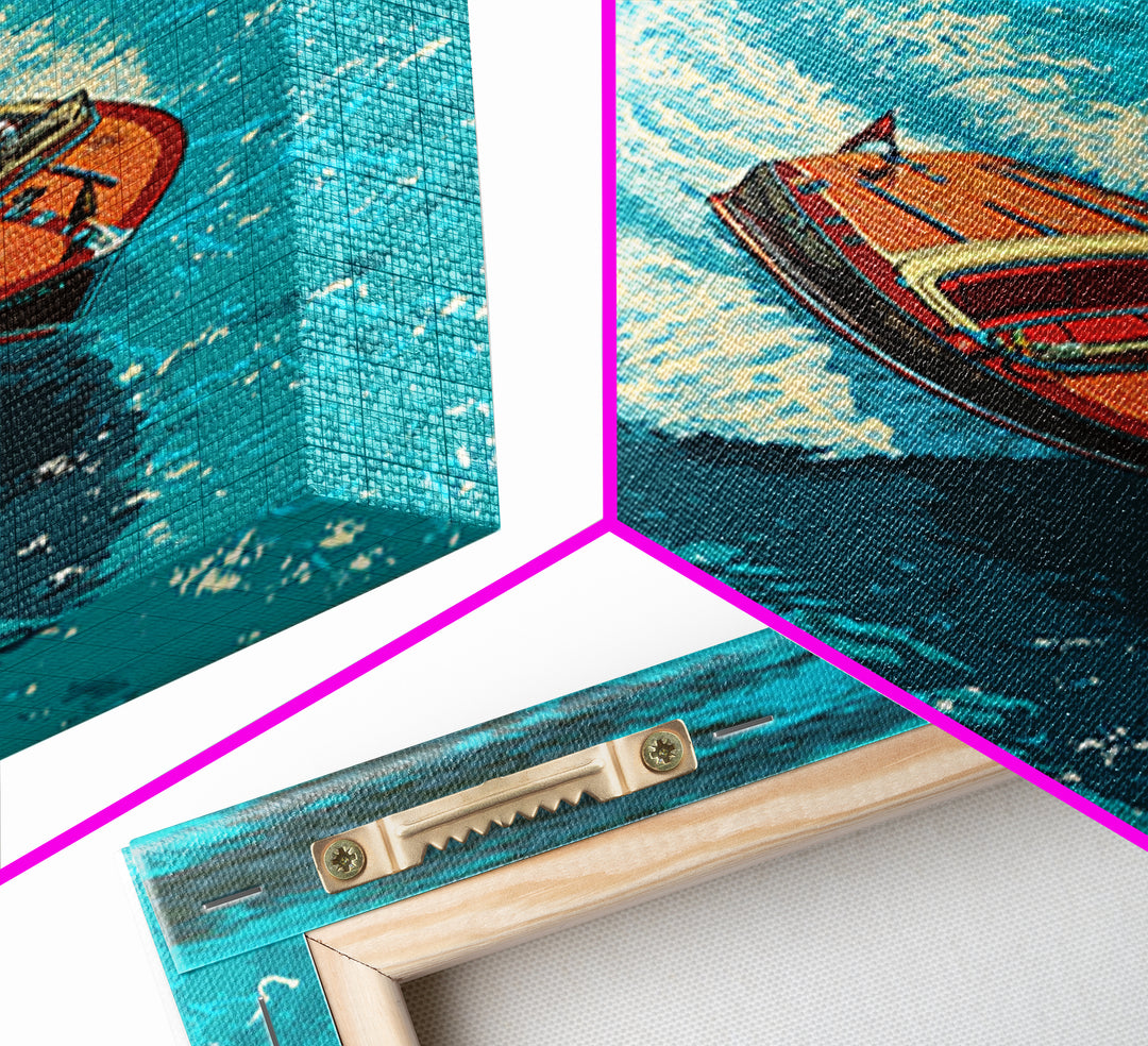 Classic Wooden Speedboat Zooming Through Deep Blue Water - Vibrant Canvas Print For Coastal Wall Art