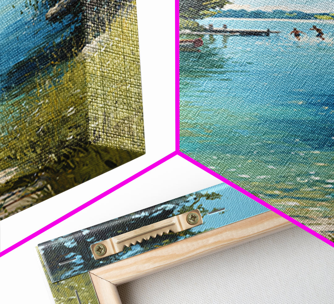 Peaceful Summer Lake Scene With Canoe And Children Splashing Wall Art Serene Landscape Framed Canvas Print Nature Decor