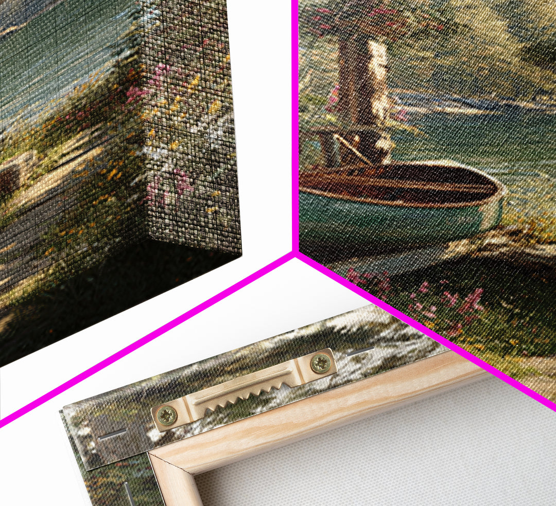 Peaceful Lakeside Cabin With Canoe Surrounded By Wildflowers Wall Art Framed Canvas Print For Rustic Home Decor