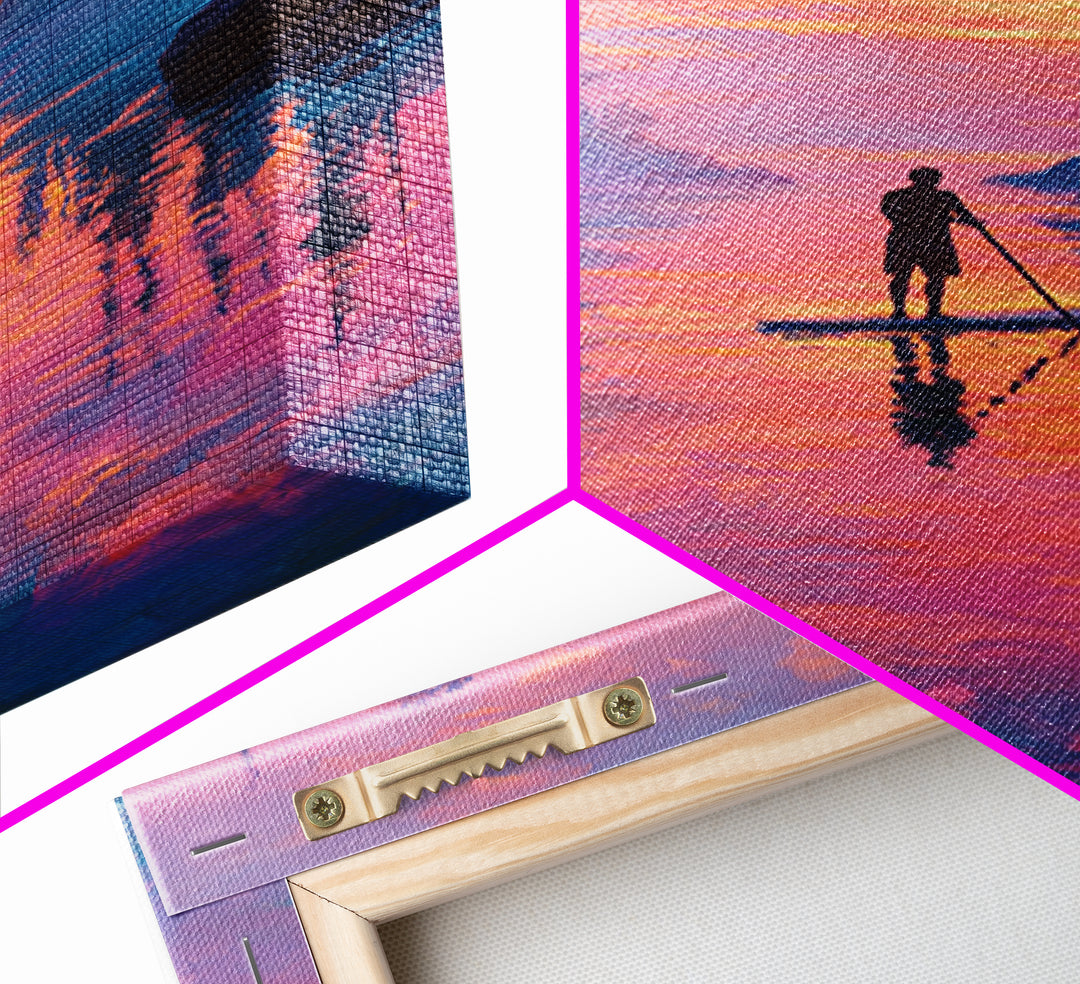 Sunset Paddleboarder On Calm Water Pink And Purple Sky Landscape Wall Art Canvas Print For Tranquil Bedroom And Living Room