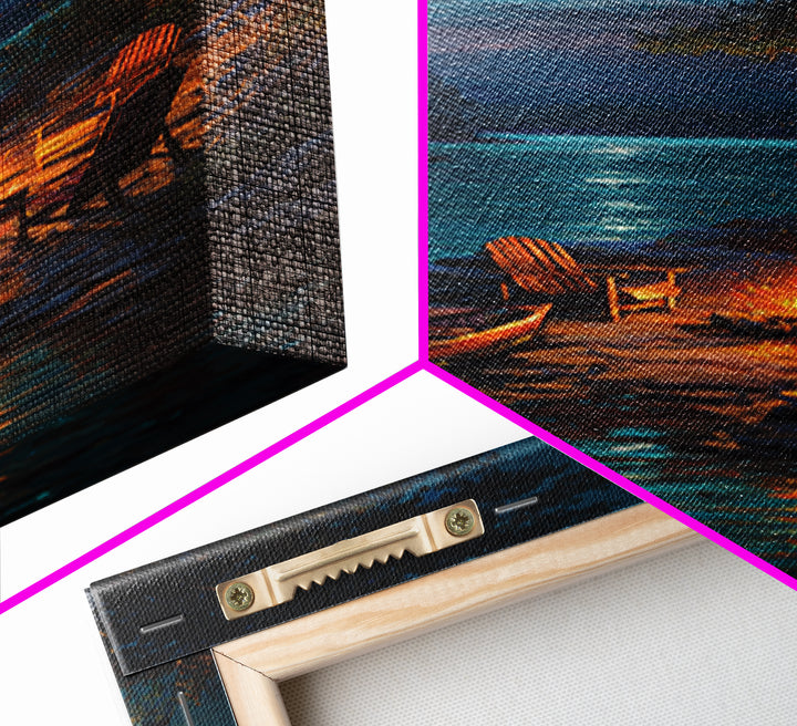 Peaceful Lakeside Campfire Scene Painting Wall Art Featuring Canoe And Adirondack Chairs Perfect For Cozy Living Room Decor